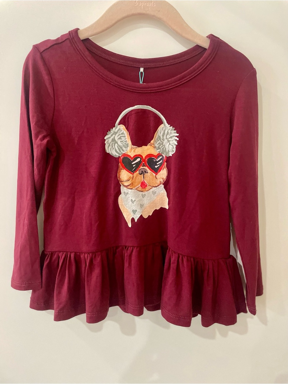 Posh Peanut Burgundy Long-Sleeve Peplum Top with Puppy Graphic